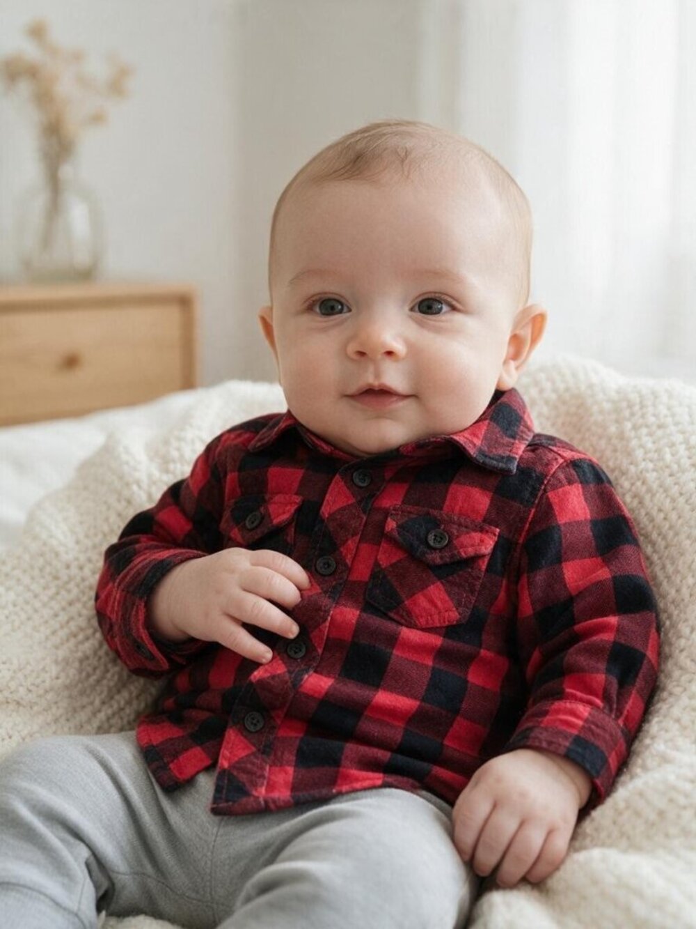 Joe Fresh Flannel Red Black Buffalo Plaid Button-Down Shirt 3-6 Months